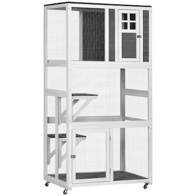 PawHut 74" Wooden Outdoor Cat House Weatherproof & Wheeled, Catio Outdoor Cat Enclosure - Gray