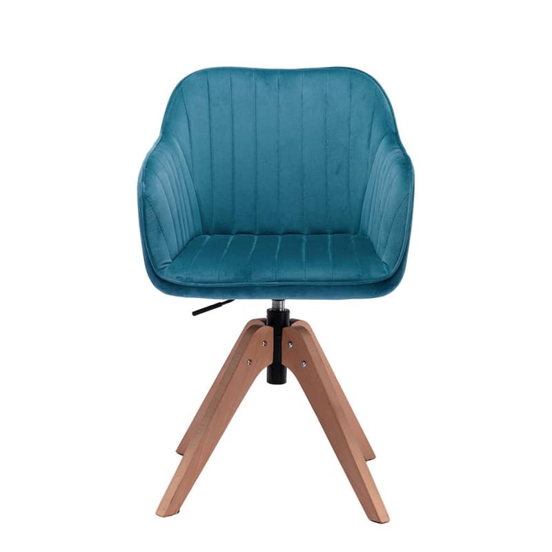 Modern Velvet Tufted Dining Armchair with Swivel and Solid Wood Legs Upholstered Accent Seat - 34.84”H x 16.53”W x 16.53”D - Teal Blue and Natural