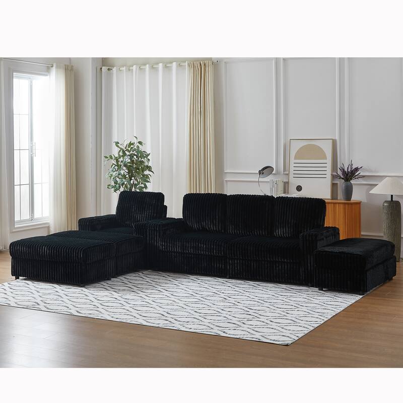 Anmytek Corduroy 3-Seater Deep Seat Sofa & Single Recliner With Cup-Holding Grooves - Black