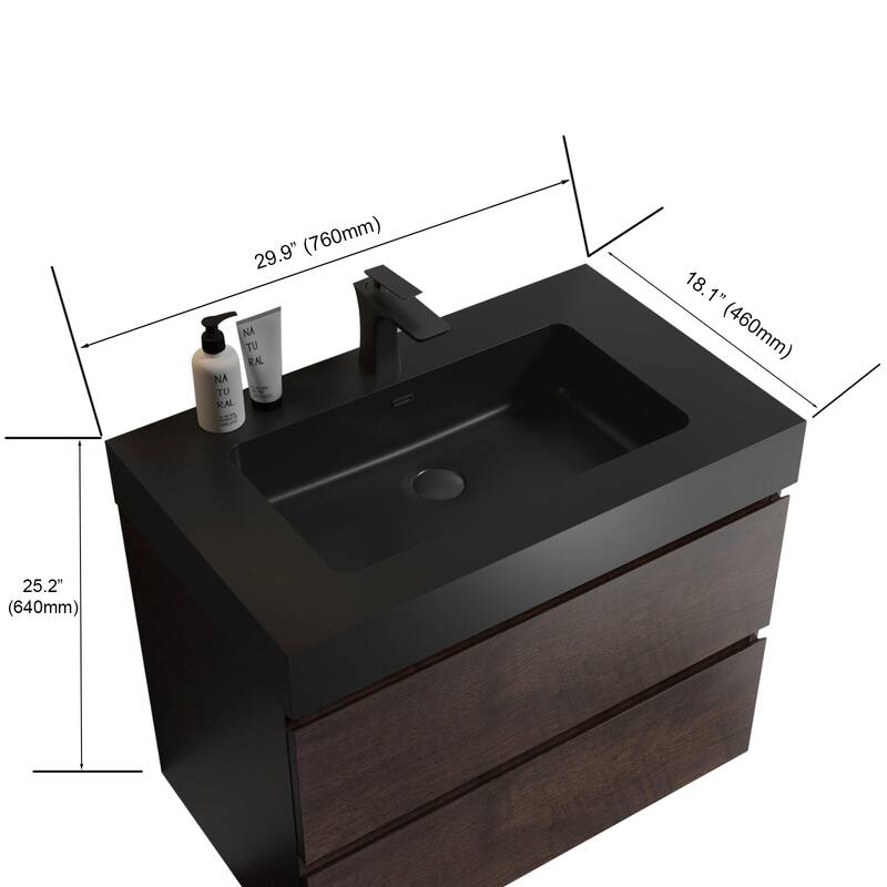 Modern 30" Alice Floating Bathroom Vanity with Rosewood Finish, Handle-Free Design, Silent Soft-Closing Drawers