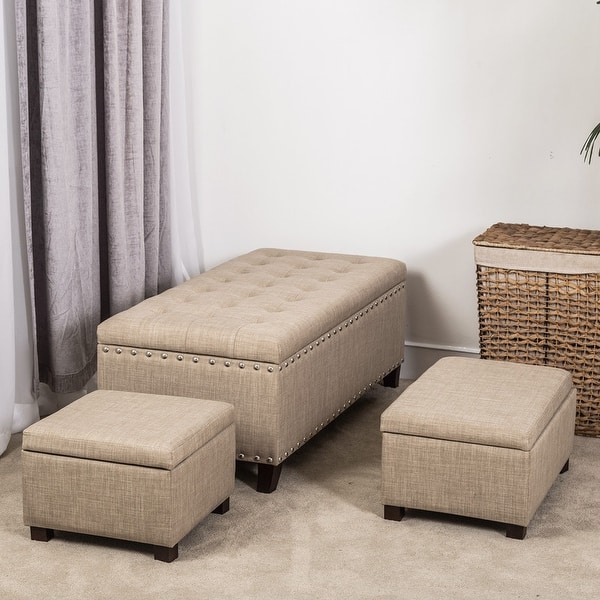 slide 2 of 22, Adeco Set of 3 Linen Fabric Storage Ottoman Bench Lift Top Footstool Beige