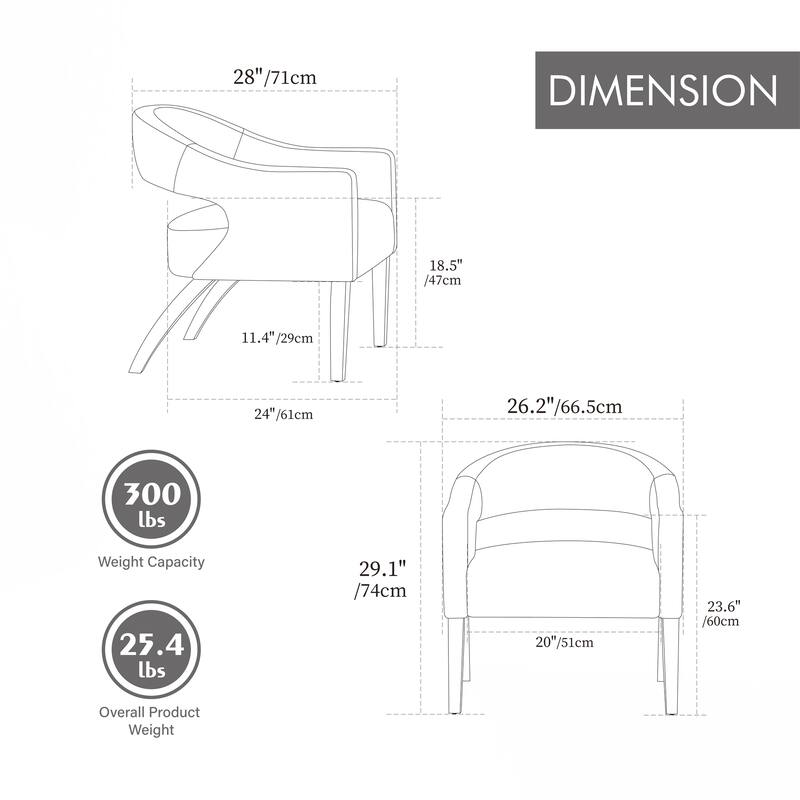 Modern Upholstered PU Open Back Accent Armchair Barrel Dining Chair with Weathered Rubberwood Legs
