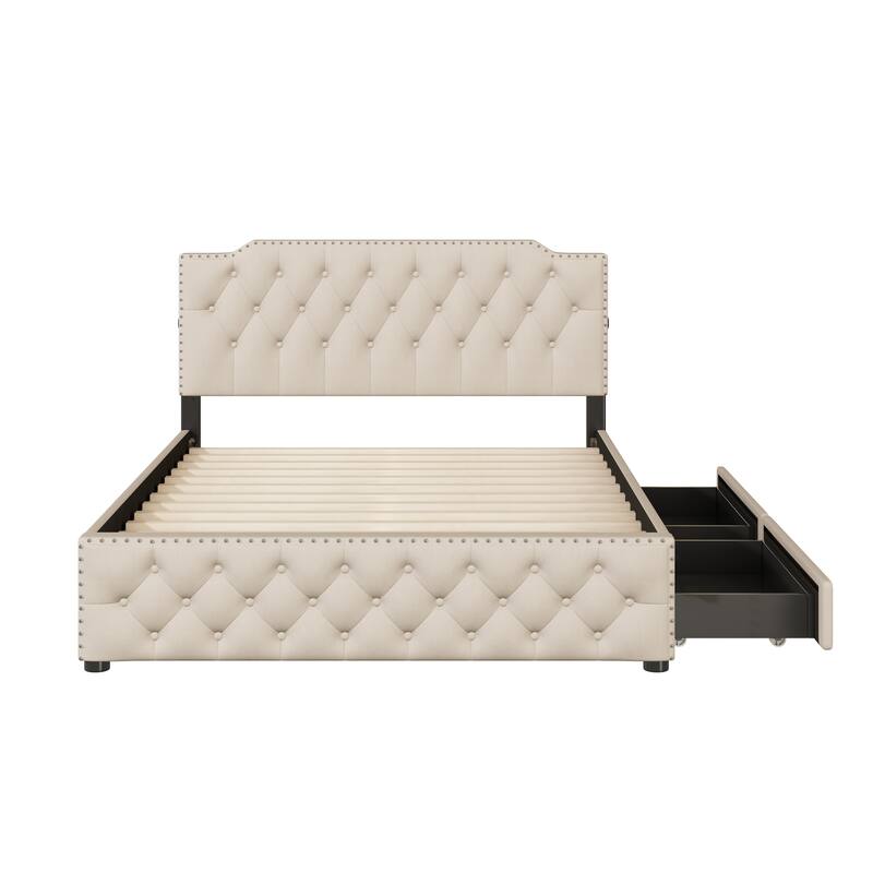 Queen Linen Upholstered Platform Bed with Tufted Headboard, 2 Drawers