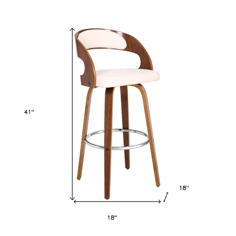 Cream Fabric Swivel Bar Height Chair with Brown Iron Frame and Footrest - 18” x 18” x 41” (D X W x H)