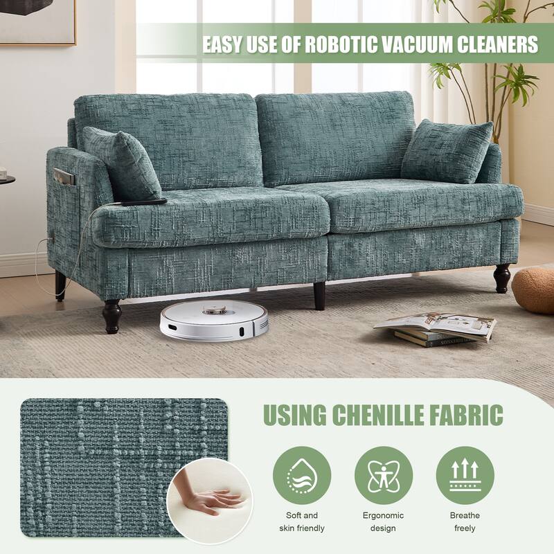 Modern Style Chenille 2-Seater Wood-Legged Sofa With Led Light,USB Charging Port And Storage Bag Living Room Bedroom Study Room