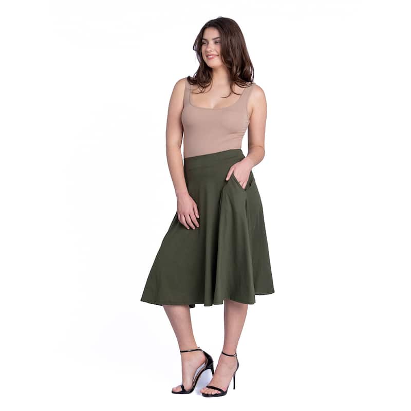 24seven Comfort Apparel Elastic Waist Pleated Pocket Midi Skirt