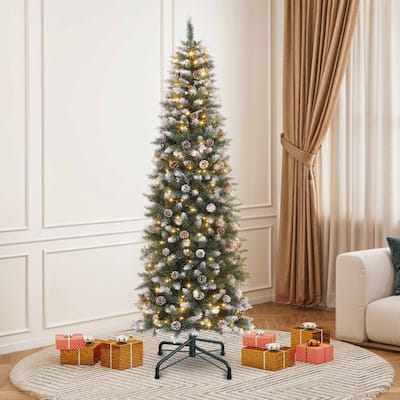 6/7.5 FT Flocked & Frosted Slim Prelit Artificial Hinged Xmas Tree