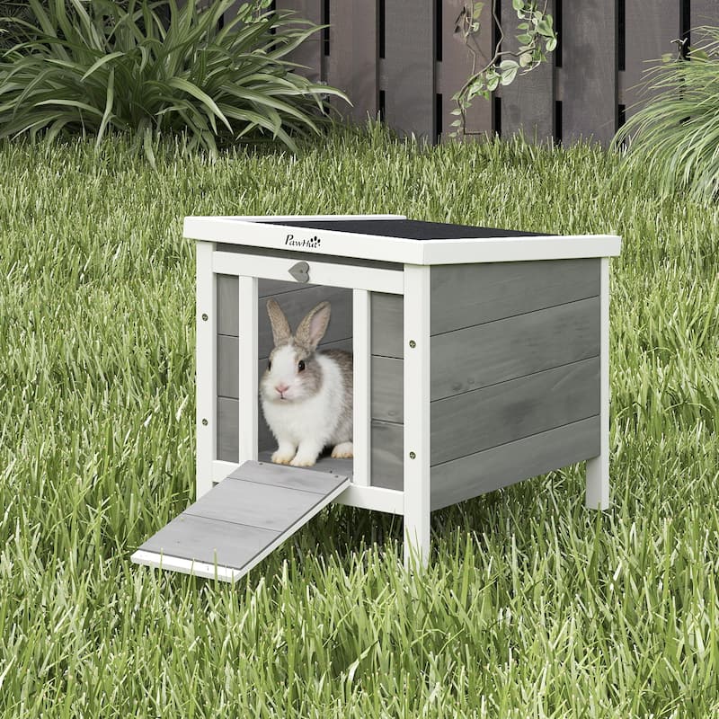 PawHut Small Wooden Rabbit Hutch Bunny Cage Guinea Pig House Dog Cage with Openable & Waterproof Roof, Grey - Grey