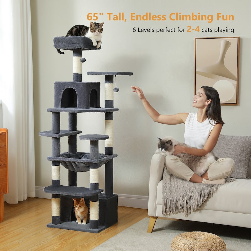 64.5" Cat Tree with Sisal-Covered Scratching Posts, 2 Padded Perch, Dual Condo and Basket - Dark Grey