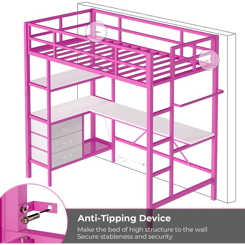 Loft Bed with L-Shaped Desk Charging Station Metal LED Lights 3 Fabric Drawers