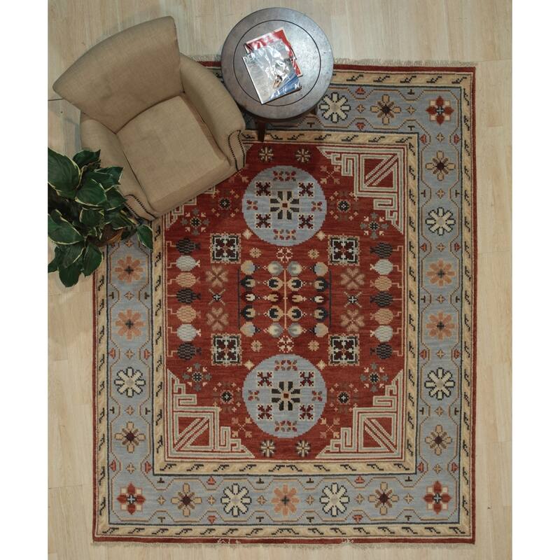 Rust Hand Knotted Wool Traditional Rug 8' x 10' - Khotan Weave Low Pile Dense Soft High Traffic Design - N/A