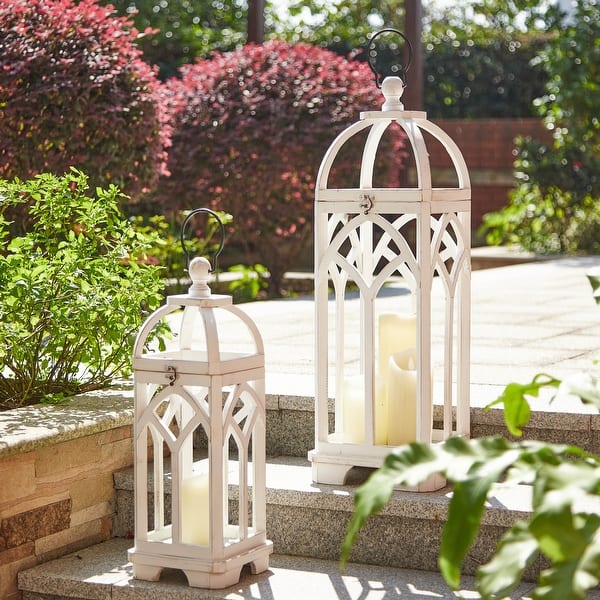 slide 2 of 54, Glitzhome Set of 2 Wooden Church Style Decorative Lanterns Candle Holders for Wedding Mantle Entryway