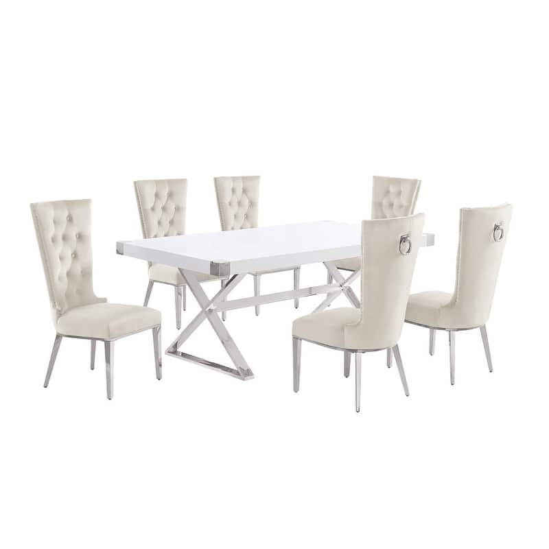 Best Quality Furniture D440/1-SC330-7 Dining Set with 78" White Lacquer Wood Top - 7-Piece - Cream / Silver