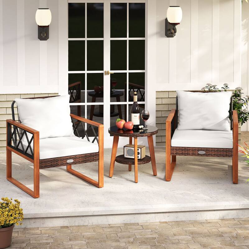 3-Piece Patio Conversation Set with Acacia Wood Table and Cushions Mix Brown Rattan Chairs - 28" × 26.5" × 31.5"