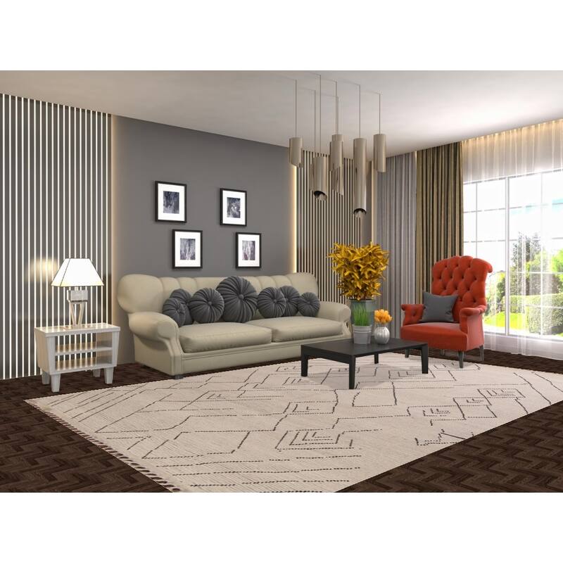 All-Over Ivory Moroccan Modern Area Rug Hand-Knotted Wool Carpet - 6'10"x 10'8"