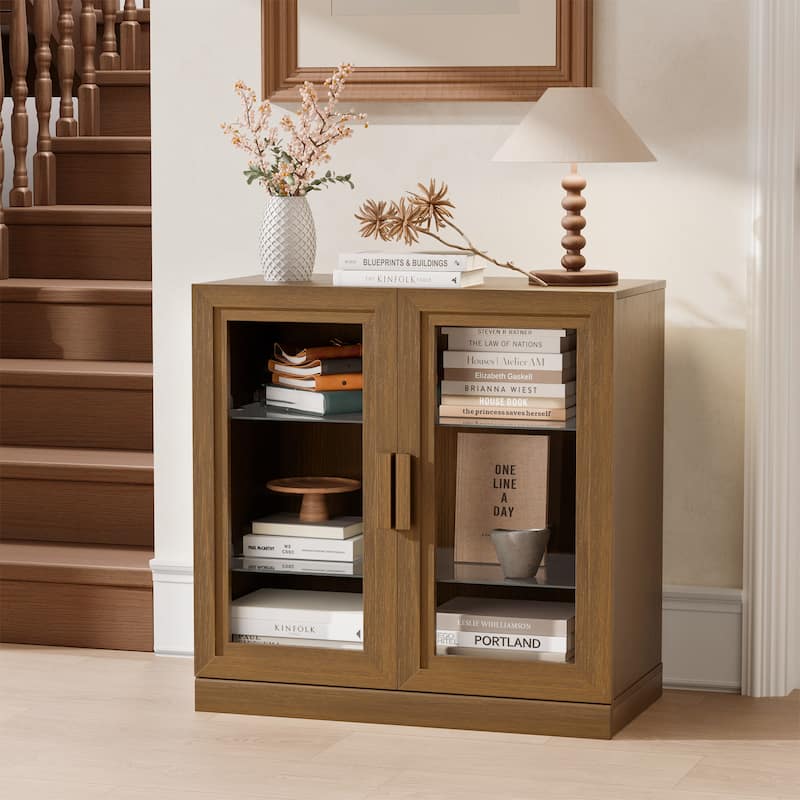 31"H Classic Storage Cabinet with Adjustable Shelves with Glass Door - Brown