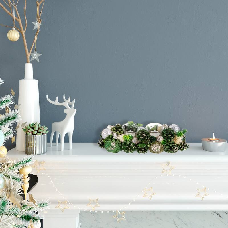 13" Green Pinecone Silver Glitter Ornaments Tealight Candle Holder