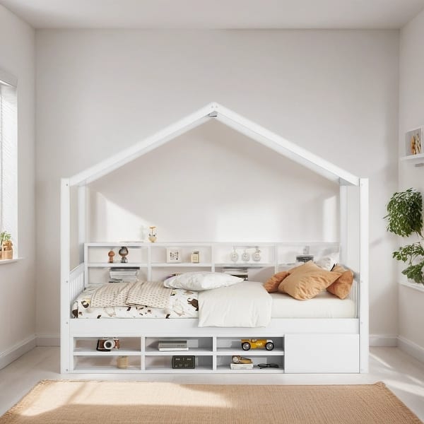 slide 2 of 9, Twin Size Wooden House Bed with Shelves and a Mini-cabinet, White White