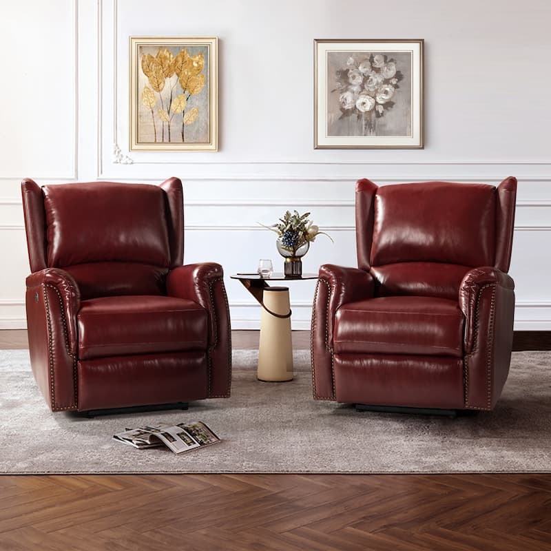 Eduardo Genuine Leather Power Recliner with USB Port Set of 2 - Burgundy