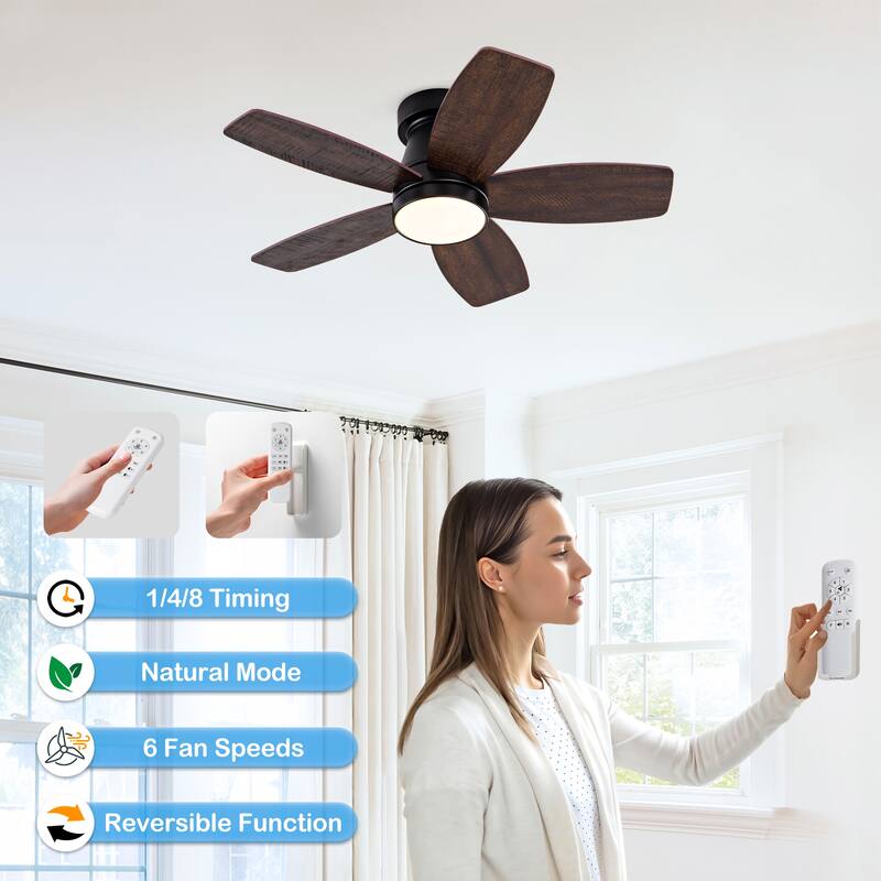 32 Inch Modern Black Ceiling Fan With Light 3 Solid Wood Blades Remote Control Reversible DC Motor With Dimmable LED