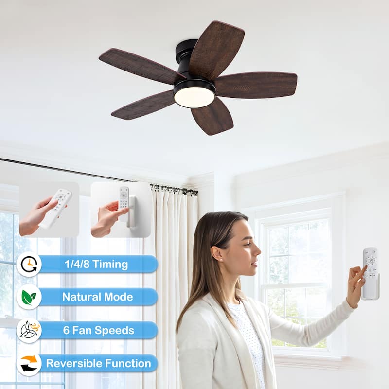 Ceiling Fans with Lights and Remote, 32 Inch Low Profile Ceiling Fan with Light, Flush Mount, Reversible - Black + Dark Walnut