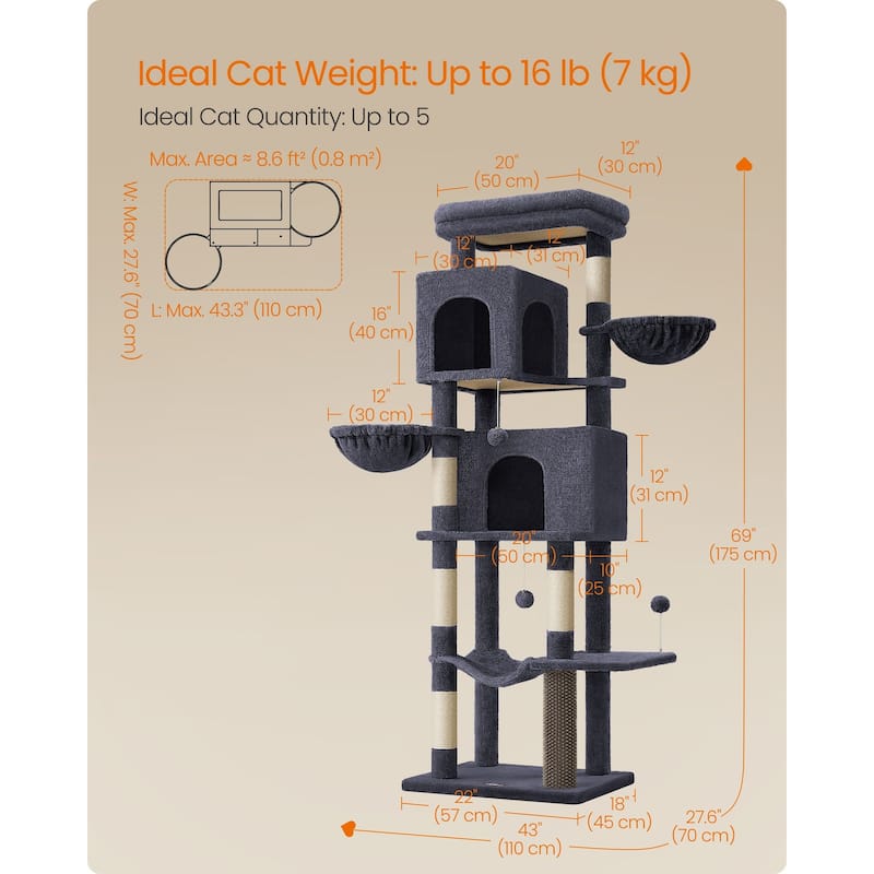 Tall Cat Tree with 2 Caves, 2 Baskets, 5 Scratching Posts - 22"L x 18"W x 69"H