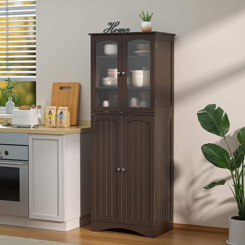 64" Kitchen Pantry Cabinet, Tall Storage Cabinet with Glass Doors and Adjustable Shelves