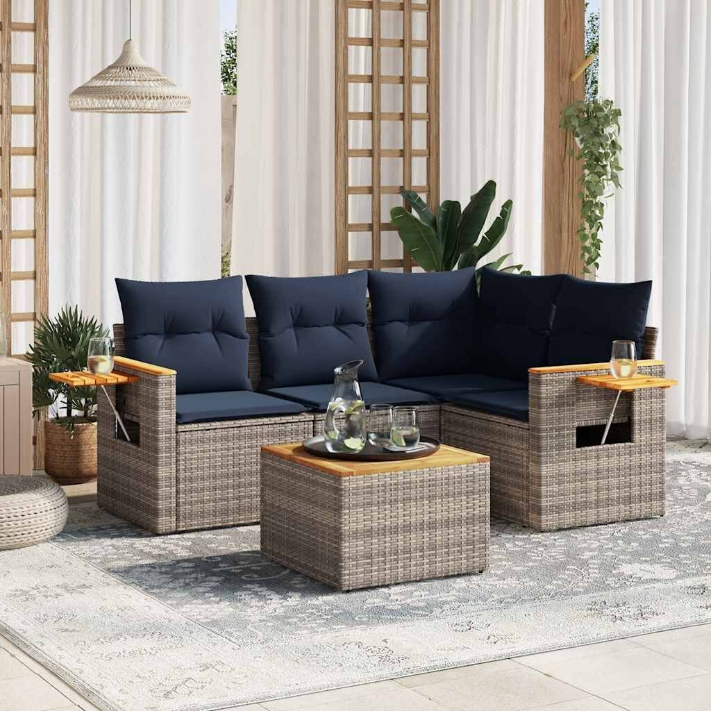 vidaXL 5 Piece Patio Sofa Set with Cushions Grey Poly Rattan (US only) - 113.8x33.5x48.8