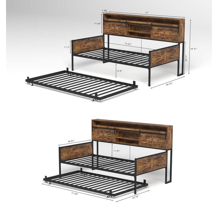 Rustic Brown Farmhouse Twin Daybed With Trundle - Sliding Barn Door Headboard, Built-In Charging Station & LED Lighting