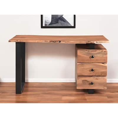 HomeRoots 54" Natural and Black Live Edge Solid Wood Writing Desk With Three Drawers