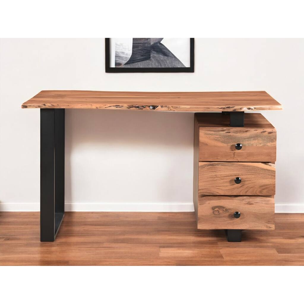 HomeRoots 54" Natural and Black Live Edge Solid Wood Writing Desk With Three Drawers
