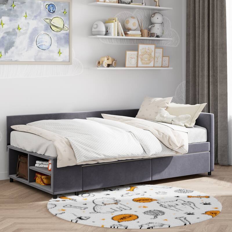 Twin Size L-Shaped Upholstered Platform Bed with Storage and Drawers in Gray