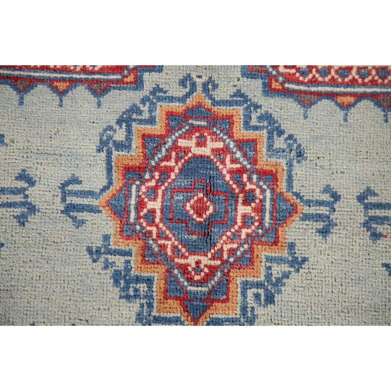 Geometric Kazak Accent Rug Hand-Knotted Blue Wool Carpet - 3'1"x 4'9"