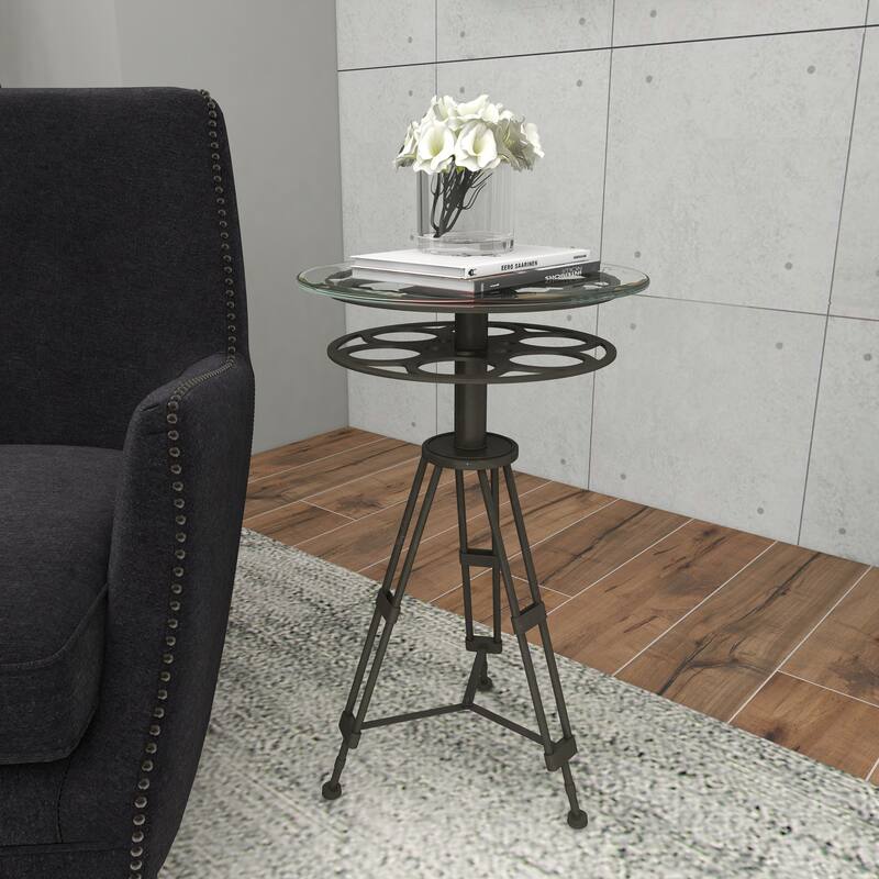 Black Metal Film Reel Accent Table with Tripod Legs and Glass Top