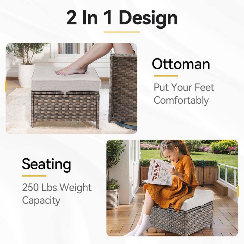 2 Pieces Patio Rattan Ottomans with cushions