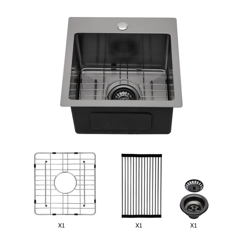 Drop-In Single Bowl 16 Gauge Stainless Steel Kitchen Sink in Gunmetal Black