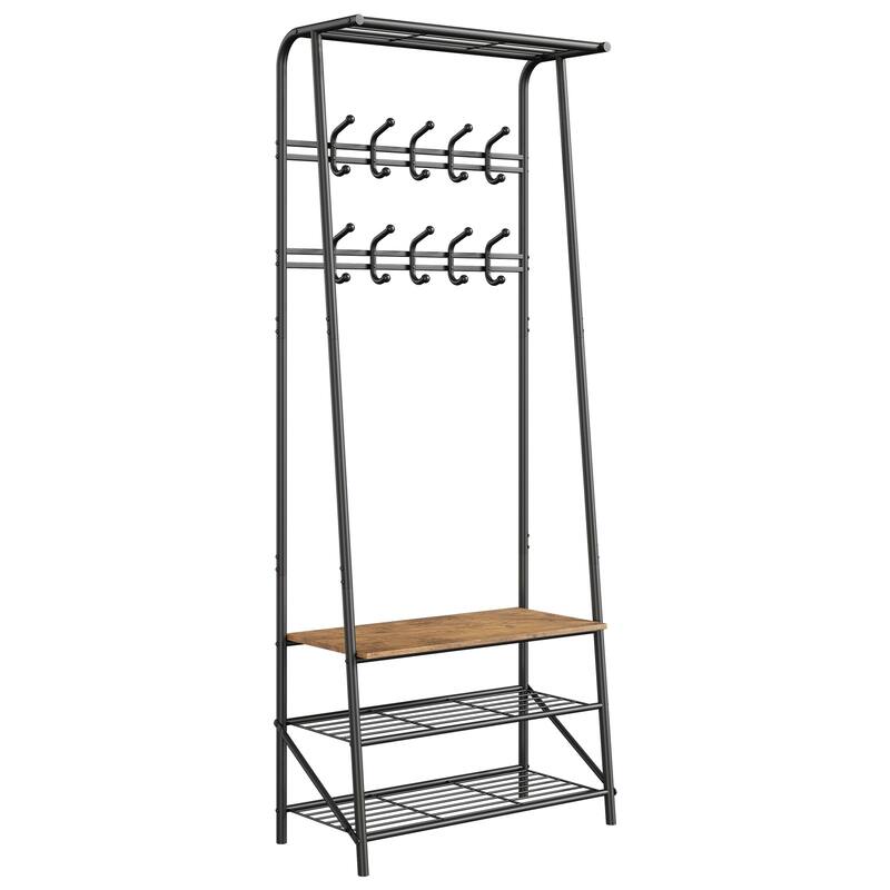 Coat Rack With Shoe Storage Bench 10 Hooks Multifunctional Hallway Organizer - 11.4" W x 25.2" L x 70"