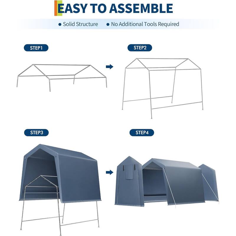 Outdoor Storage Shed, Portable Carport with Roll-Up Ventilated Zipper Door and Windows, Heavy Duty Waterproof Tarp