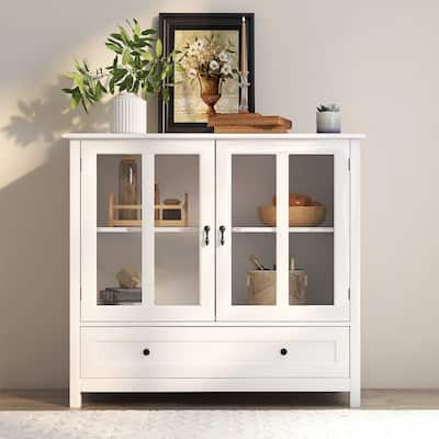 Retro Style White Wood Storage Sideboard Cabinet with Glass Doors and Drawer