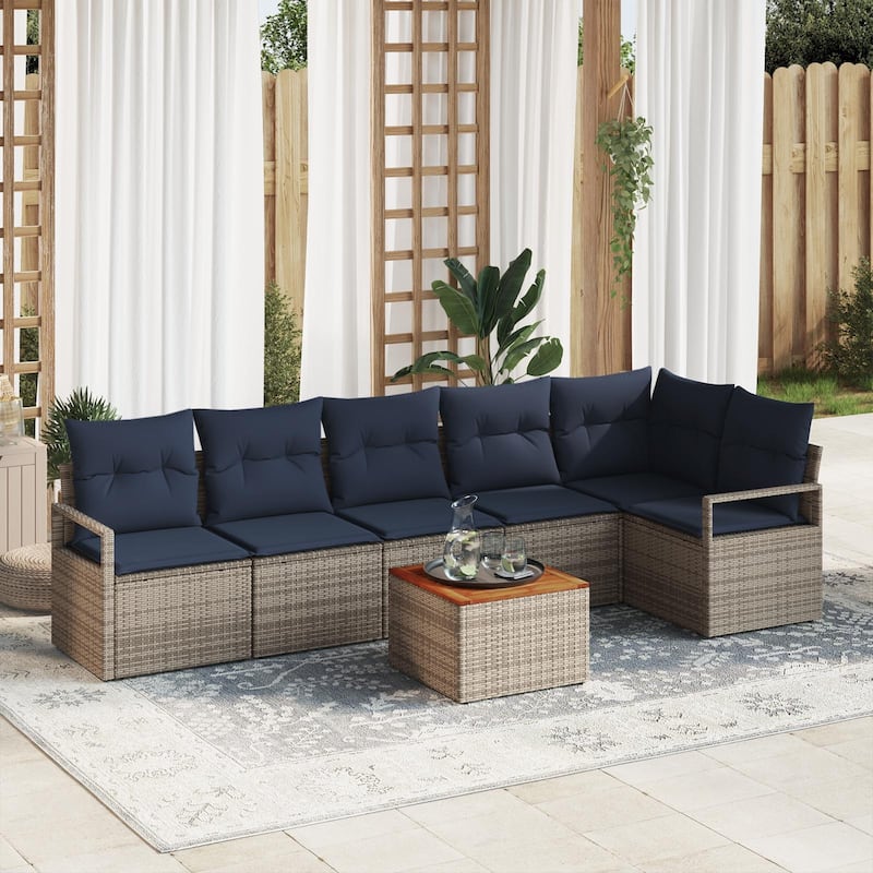 vidaXL 7 Garden Sofa Set with Cushions Black/Grey Poly Rattan - 113 x 48 x 27.2 - Grey