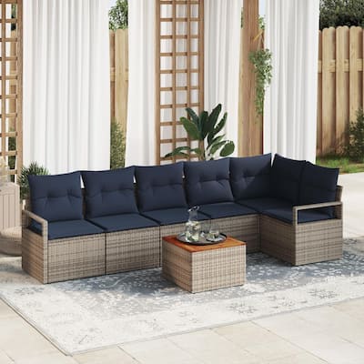 vidaXL 7 Garden Sofa Set with Cushions Black/Grey Poly Rattan - 113 x 48 x 27.2