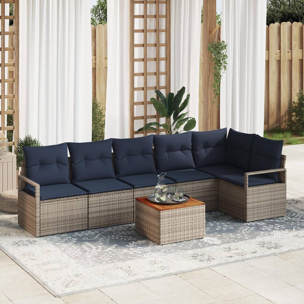 vidaXL 7 Garden Sofa Set with Cushions Black/Grey Poly Rattan - 113 x 48 x 27.2