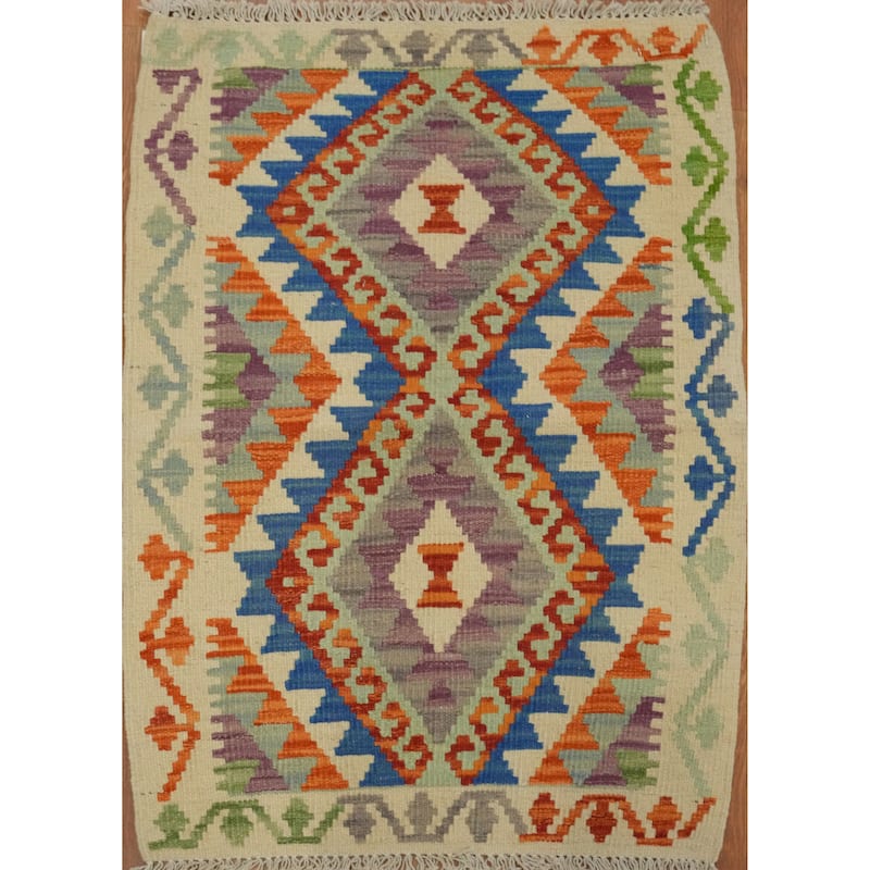 Hand Woven Oriental 100% Wool Carpet Southwestern Geometric Multi-Colored Kilim Area Rug - 2' 11'' X 2' 1''