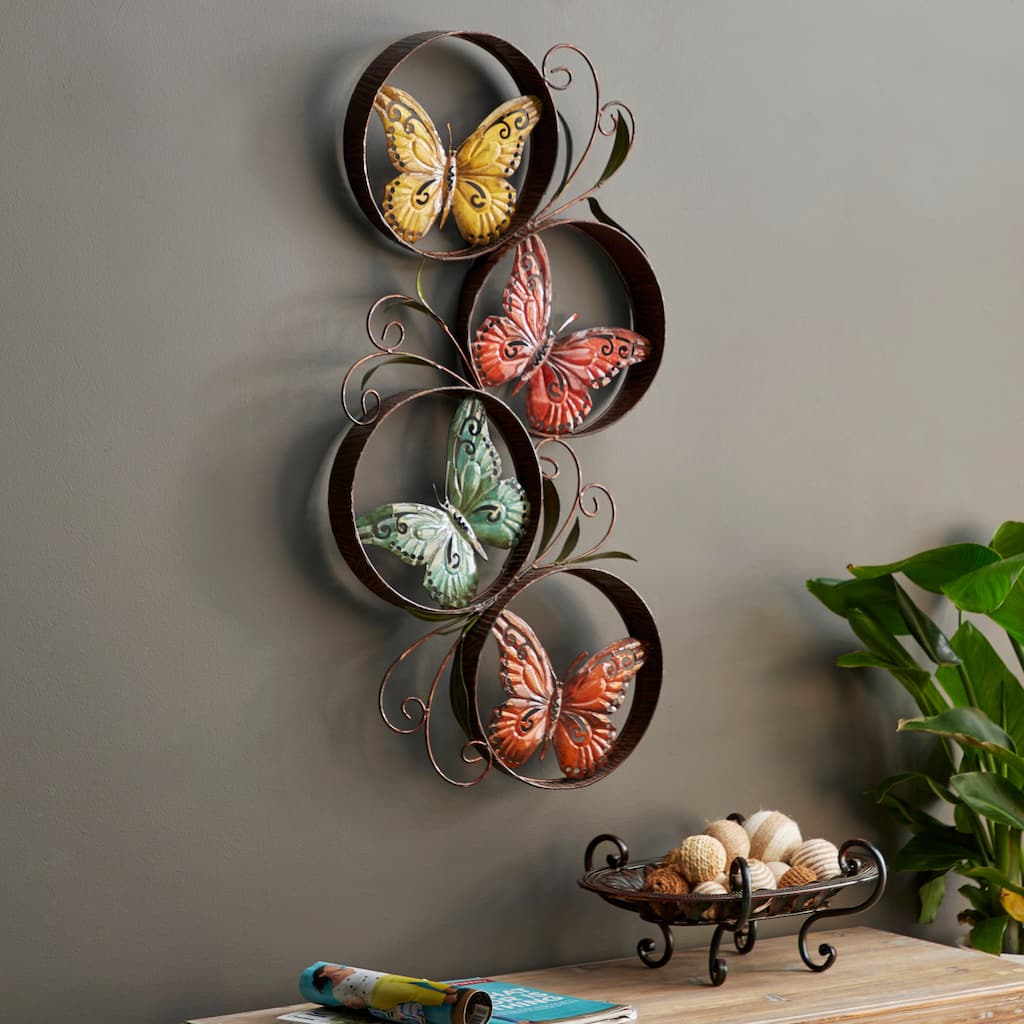 Multi Colored Metal Indoor Outdoor Butterfly Home Wall Decor with Scroll Details