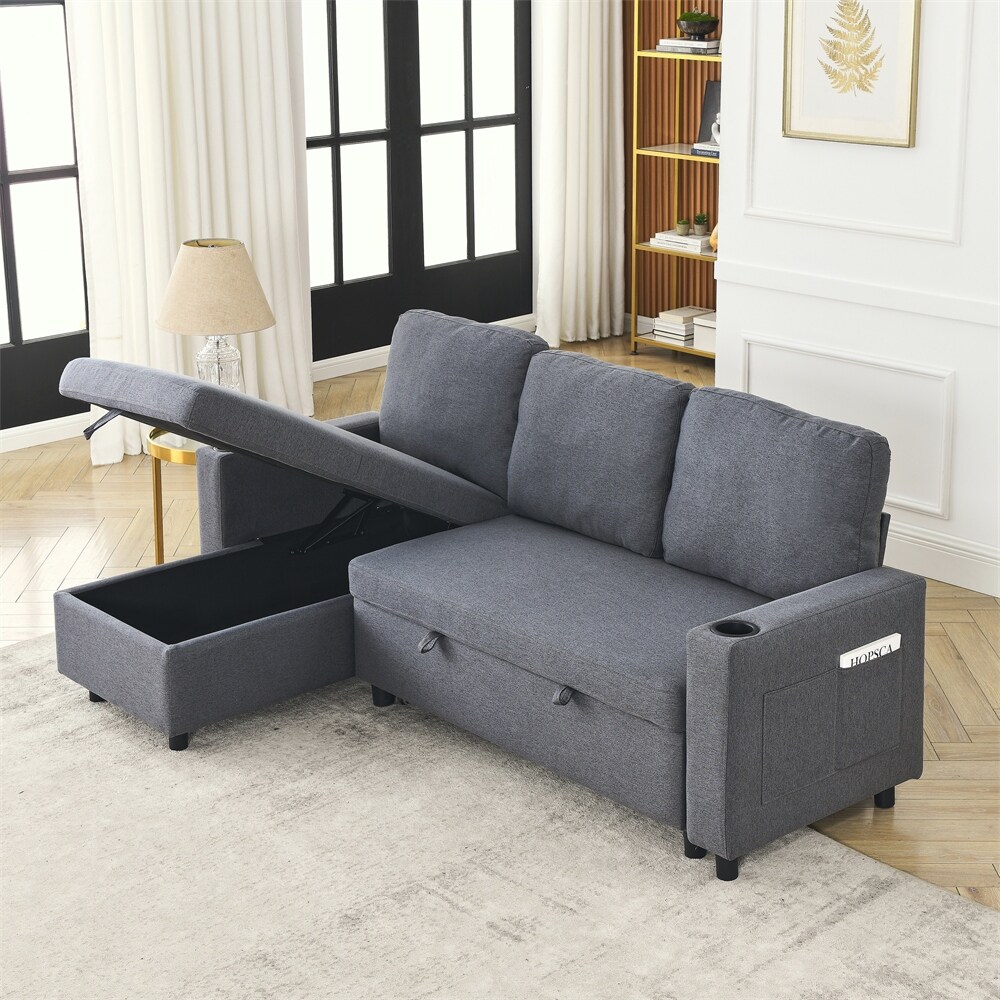 Comfortable Linen L Shaped Combo Sofa Reversible Sleeper Sofa