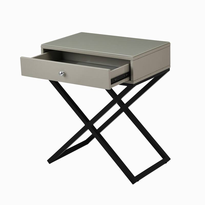 Wooden End Side Table Nightstand with Glass Top, Drawer and Metal Cross Base