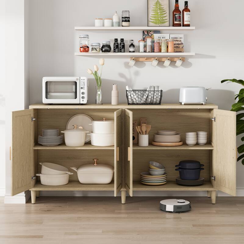 Rattan Sideboard Buffet Cabinet, 70" Storage Cabinet with Adjustable Shelves, Farmhouse Credenza Coffee Bar Cabinets w/ 4 Doors聽