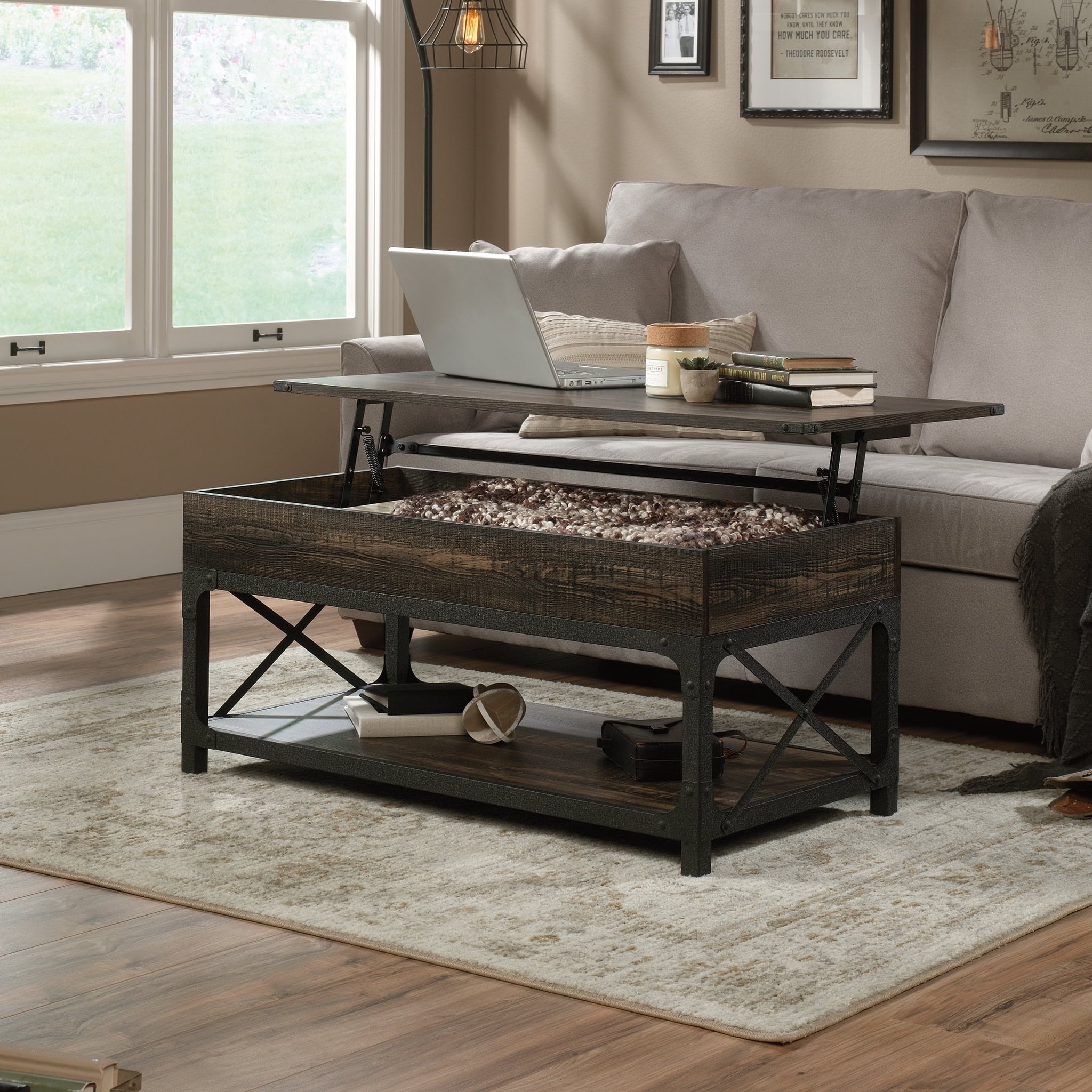 Lift-Top Coffee Table with Storage in Carbon Oak/Black Finish, 42-inch Industrial Design