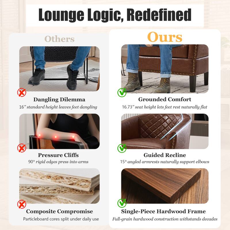 HOMEFUN Leather Upholstered Nailhead Wooden Frame Barrel Club Chair with Solid Woood Legs