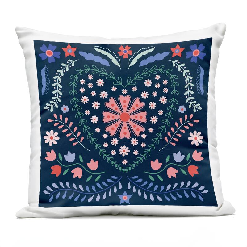 Stupell Folk Flowers in Heart Pattern Printed Outdoor Throw Pillow Design by Sazerelli Designs - Accent - Polyester - Blue - Single